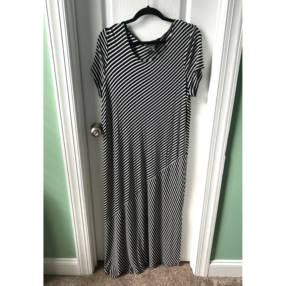 Chico's Black & White Diagonal Stripe Maxi Dress with Asymmetrical Panel